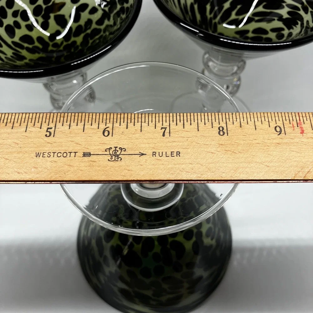 Pier 1 Hand Blown Martini Glasses Green Black Swirl Leopard Tortoise Set of 3